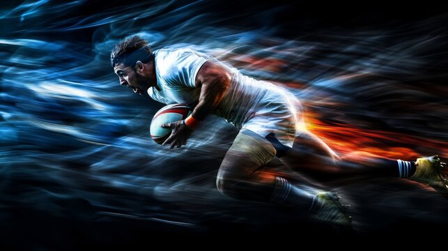 A rugby player breaking through tackle with sheer force the moment of impact captured