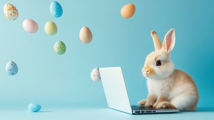 Easter Bunny on Laptop with Eggs Falling