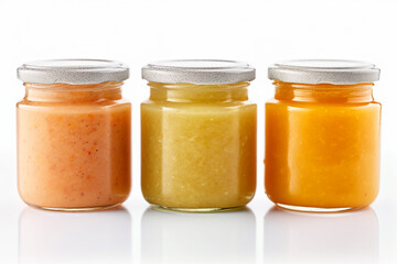 Three jars of baby food on white background 