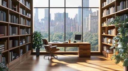 Fototapeta premium minimalist home office with a large window overlooking a city skyline. There is a wooden desk with a notebook and a pen on it