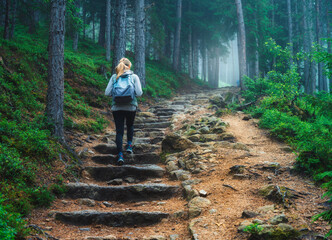 Woman in a blue jacket with backpack is walking on a forest trail with stone stairs, trees with lush green foliage in fog in summer. Girl on the path at sunset. Hiking and trekking in Dolomites, Italy