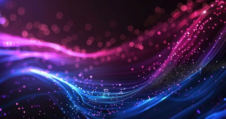 A vibrant abstract illustration featuring flowing waves of pink and blue light with sparkling particles, creating a dynamic visual effect.