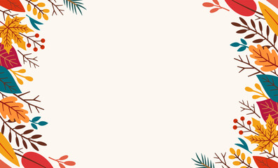 Autumn rectangular frame. Fall foliage frame in doodle style. Autumn elements - leaves, acorns, twigs, berries. Cartoon illustration, decor frame. Autumn design template