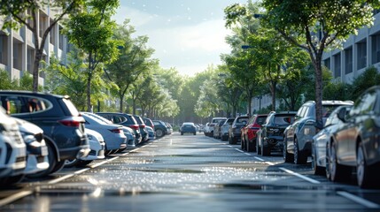 Obraz premium Neatly parked cars in a public car parking lot with modern infrastructure.
