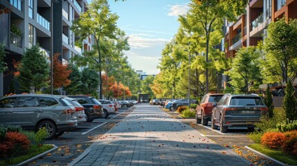 Obraz premium Well-maintained public parking area with neatly parked cars in a modern urban area.