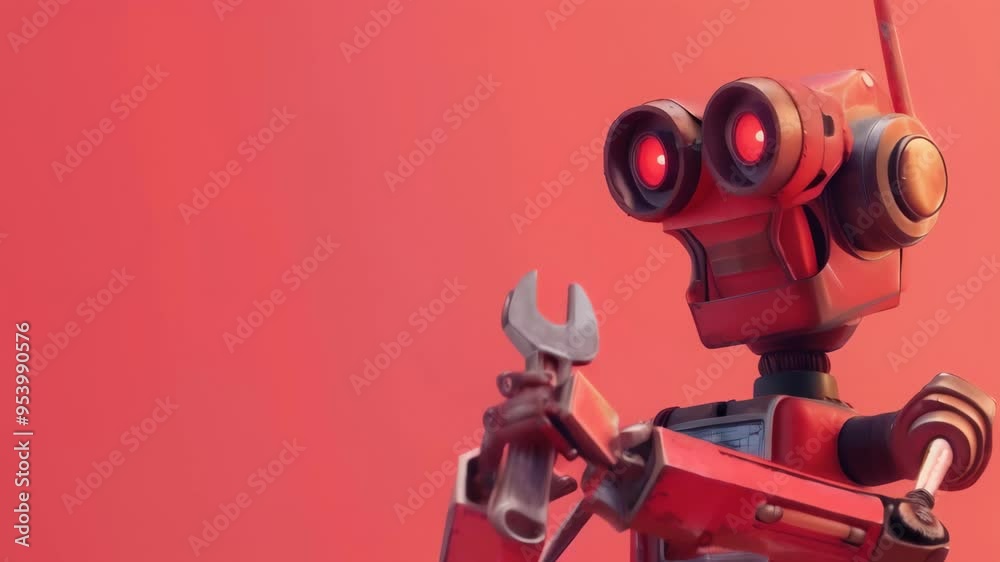 Poster red robot holding a wrench against a red background, representing the concept of robot maintenance a