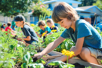 Kids at a community garden, tending to their plants and flowers with enthusiasm. Planting, and enjoying their labor as their garden flourishes