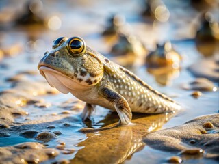A solitary mudskipper fish with bulging eyes and pectoral fins walks across the muddy beach, leaving behind a