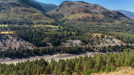 Aerial view of Fraser Canyon close to Lytton during a summer season in British Columbia, Canada