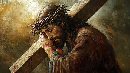 Jesus in the crown of thorns carrying his cross, concept of redemption and Christian faith