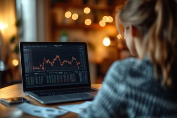 A young woman sits at a wooden table, focused on a laptop displaying stock market data and charts.