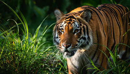 Naklejka premium Tiger Stalking Through Jungle Foliage