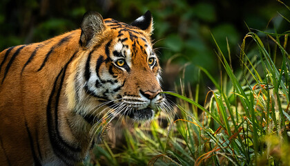 Fototapeta premium Tiger Stalking Through Jungle Foliage