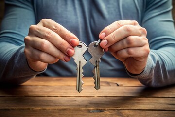 A splitting couple's hands hold opposite ends of a broken key, symbolizing the end of their union and