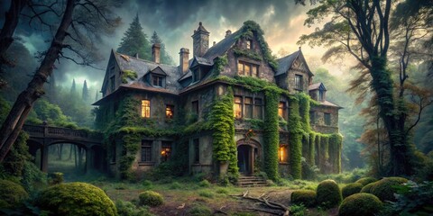 Obraz premium A spooky, abandoned mansion with crumbling stone walls, overgrown with vines, stands amidst a dark, eerie forest, exuding an unsettling sense of foreboding terror.
