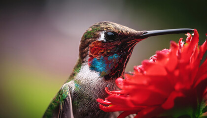 Obraz premium Hummingbird Feeding on Red Flower
