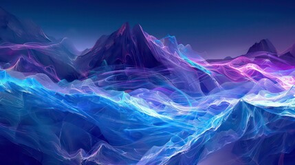 Abstract purple and blue mountains with glowing light trails.