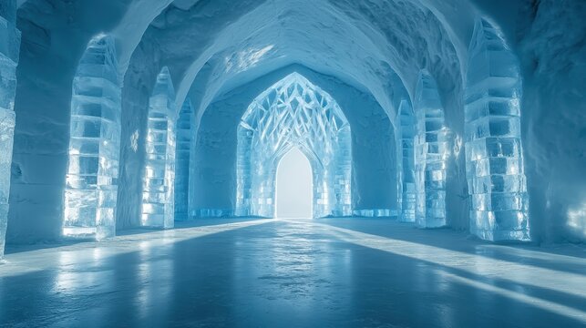 Stunning ice palace with intricate architectural details and ethereal light beams, capturing a magical frozen wonderland scene in winter.