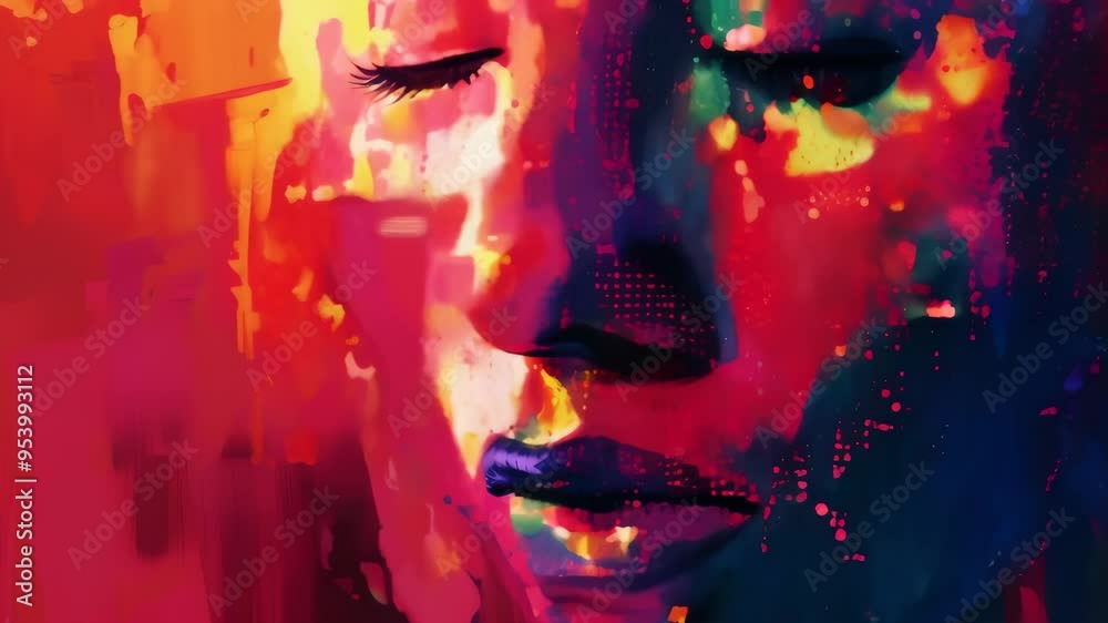 Poster abstract artistic representation of a human face merged with vibrant digital elements. ai and human 