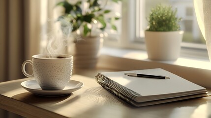 Steaming Coffee, a Notebook, and a Pen on a Wooden Table