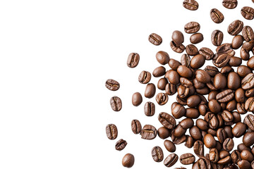 Fototapeta premium Coffee beans scattered on a pristine white surface, Coffee Beans Spilled Across, Scattered Coffee Beans, Coffee Beans Dispersed, Coffee Beans Arranged Randomly, on a transparent backgrounds