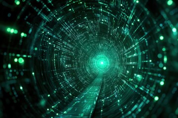 Obraz premium A dark green digital tunnel with lights and data flowing through it
