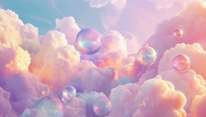 A dreamy pastel sky filled with fluffy clouds, rainbow-colored bubbles floating in the air