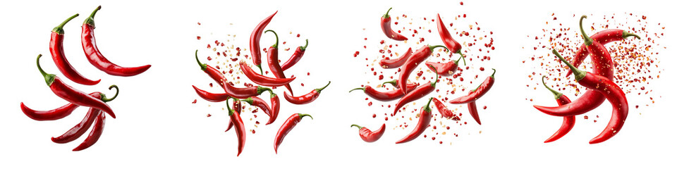  set of a Red hot pepper flying in the air, Soaring Spice, Pepper Explosion, Aerial Heat, Spicy Eruption Red Hot Pepper, Red Pepper Burst, Flying Flame Red Hot Pepper, on a transparent backgrounds
