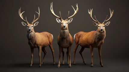 Obraz premium Three majestic deer with antlers standing proudly, captured against a dark background highlighting their natural beauty and strength.