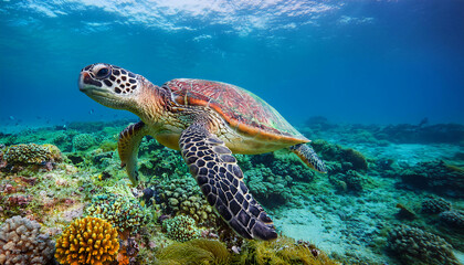 Obraz premium Sea Turtle Swimming Over Coral Reef