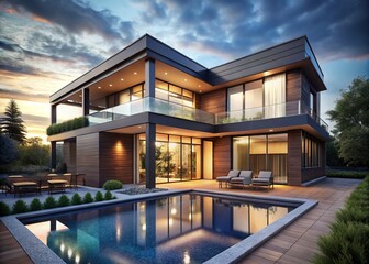 Fototapeta premium A stunning, highly detailed, lifelike 3D rendering of a modern, luxurious, two-story residential house with sleek