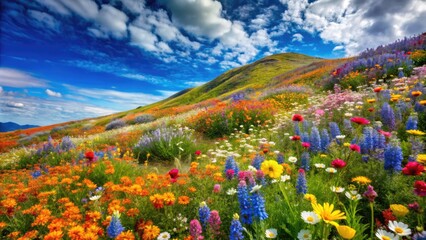 A hillside covered in a vibrant array of wildflowers.