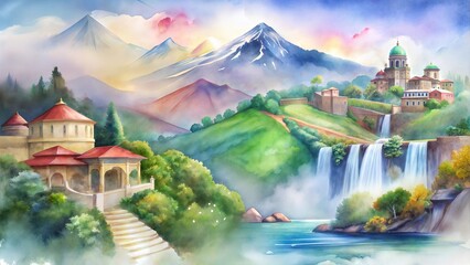 Fototapeta premium Beautiful watercolor landscape featuring mountains, waterfalls, and serene architecture