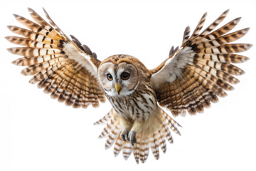 Tawny owl flying isolated on white background as transparent. PNG. AI GENERATED