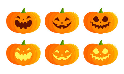 Set of lit and unlit jack-o'-lantern pumpkins with happy, spooky, and scary faces. Flat vector illustration isolated on white background. Halloween decoration concept. Great for festive designs