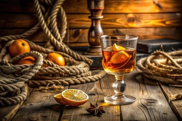 A stylish schooner glass filled with amber liquid and garnished with a slice of orange, set against a rustic wooden backdrop with blurred nautical elements.