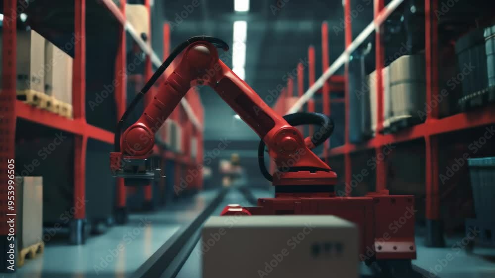 Poster red robotic arm in a warehouse lifting a box, symbolizing automation and robotics in modern industry