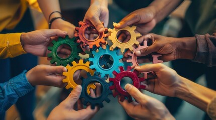 Diverse hands holding colorful gears together, symbolizing teamwork and collaboration.