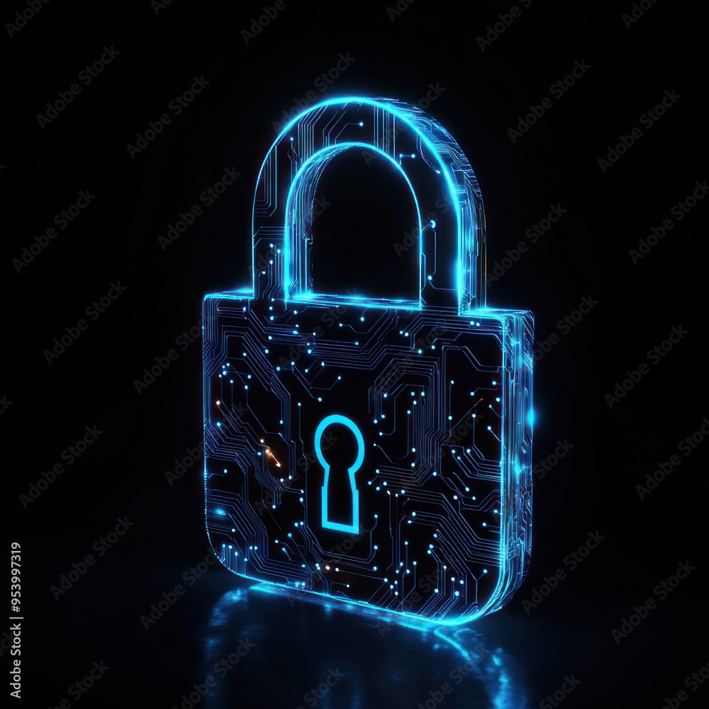 Wall mural a digital lock icon with circuit patterns glowing in blue, symbolizing advanced security technology
