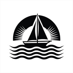 Vintage Sailboat Illustration with Sun Rays and Waves