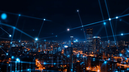 Fototapeta premium A futuristic cityscape at night, illuminated by glowing lines and dots, representing technology and connectivity.