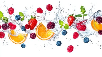 Fresh Fruits and Berries Splashing in Water.