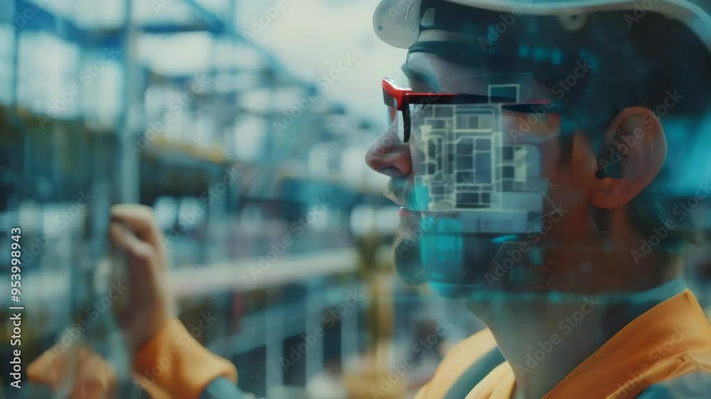 Poster Construction worker using augmented reality glasses with a digital overlay, showcasing AI in construction and architecture.