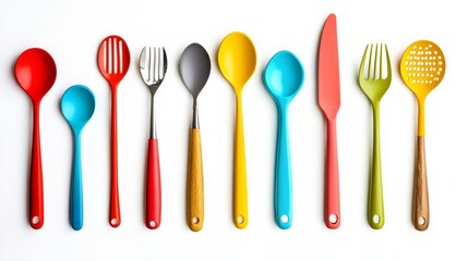 Colorful Kitchen Utensils on White Background.