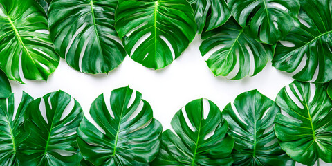  A minimalist composition featuring two vibrant green Monstera leaves placed on the right side of a white background, leaving ample copy space. Ideal for botanical themes, eco-friendly branding, 