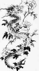 Fototapeta premium Black Ink Dragon with Flowers
