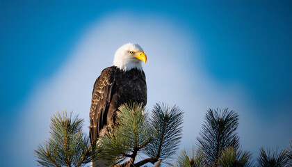 A majestic close-up of a bald eagle perched on a high tree branch, with its sharp eyes focus.
