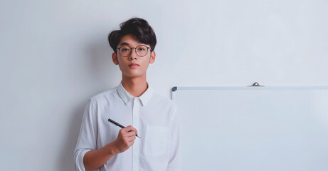 Young asian man in a white shirt and glasses holding a pen by a whiteboard, suitable for educational materials, course advertisements, or presentations