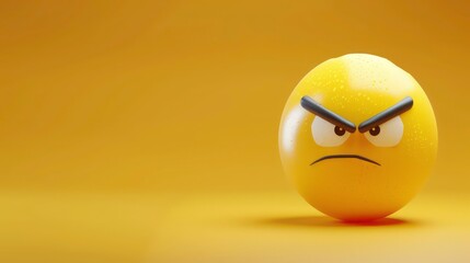 A yellow 3D emoticon with angry eyebrows and a frown.