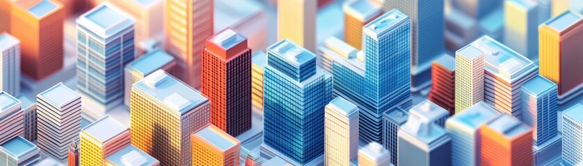 Vibrant isometric cityscape with colorful skyscrapers and modern buildings, showcasing urban architecture and design in a bustling metropolis.
